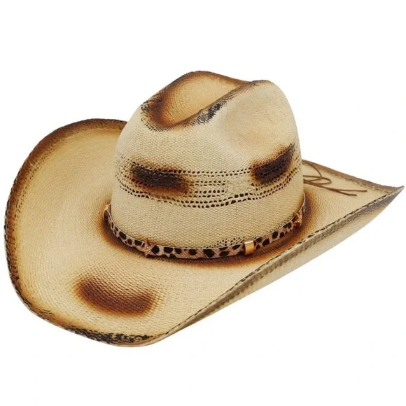 Leopard Print Leather Band Distressed 2-Tone Western Straw Cowboy Hat